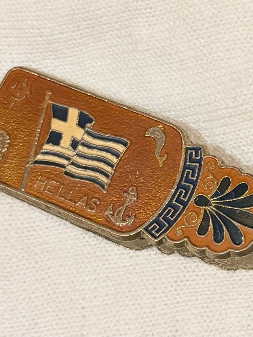 Vintage HELLAS Greek Flag Enamel Decorative Pin - Patmos on one side